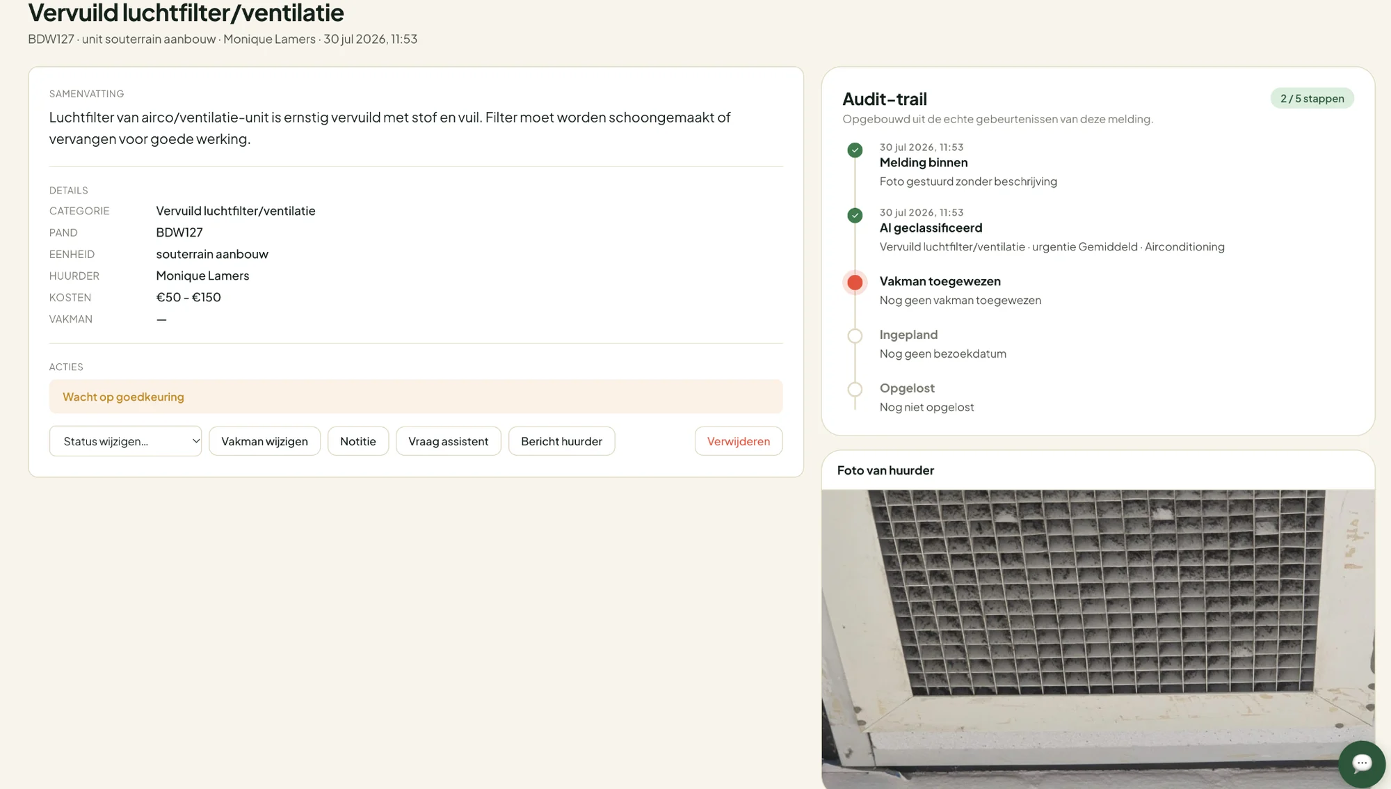 Report of a dirty air filter with summary, details, progress and the tenant's photo