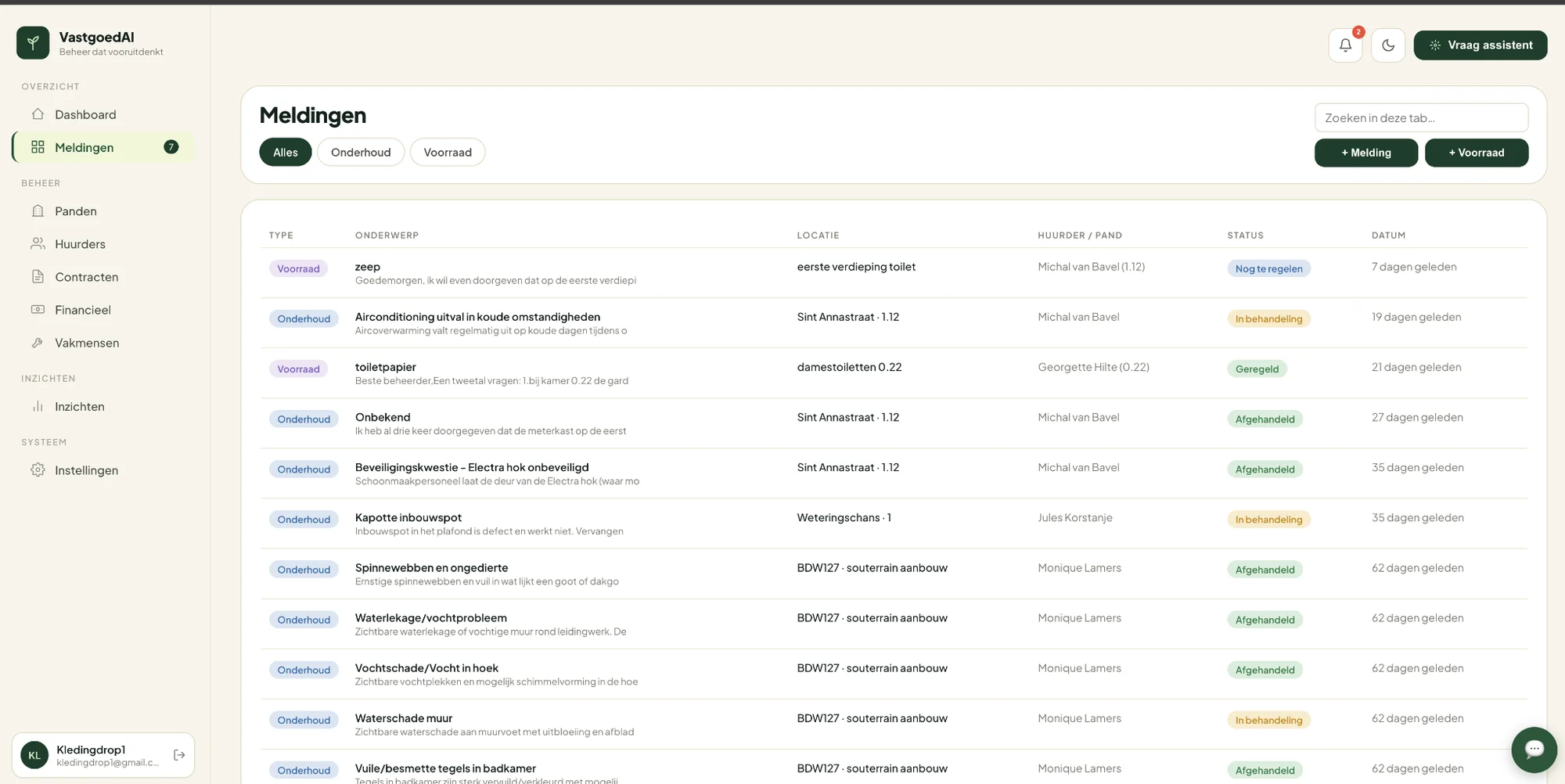 Overview of maintenance and stock reports, locations and statuses