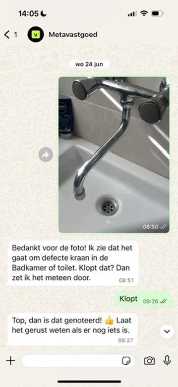 WhatsApp chat: the AI recognises a broken tap and confirms the report